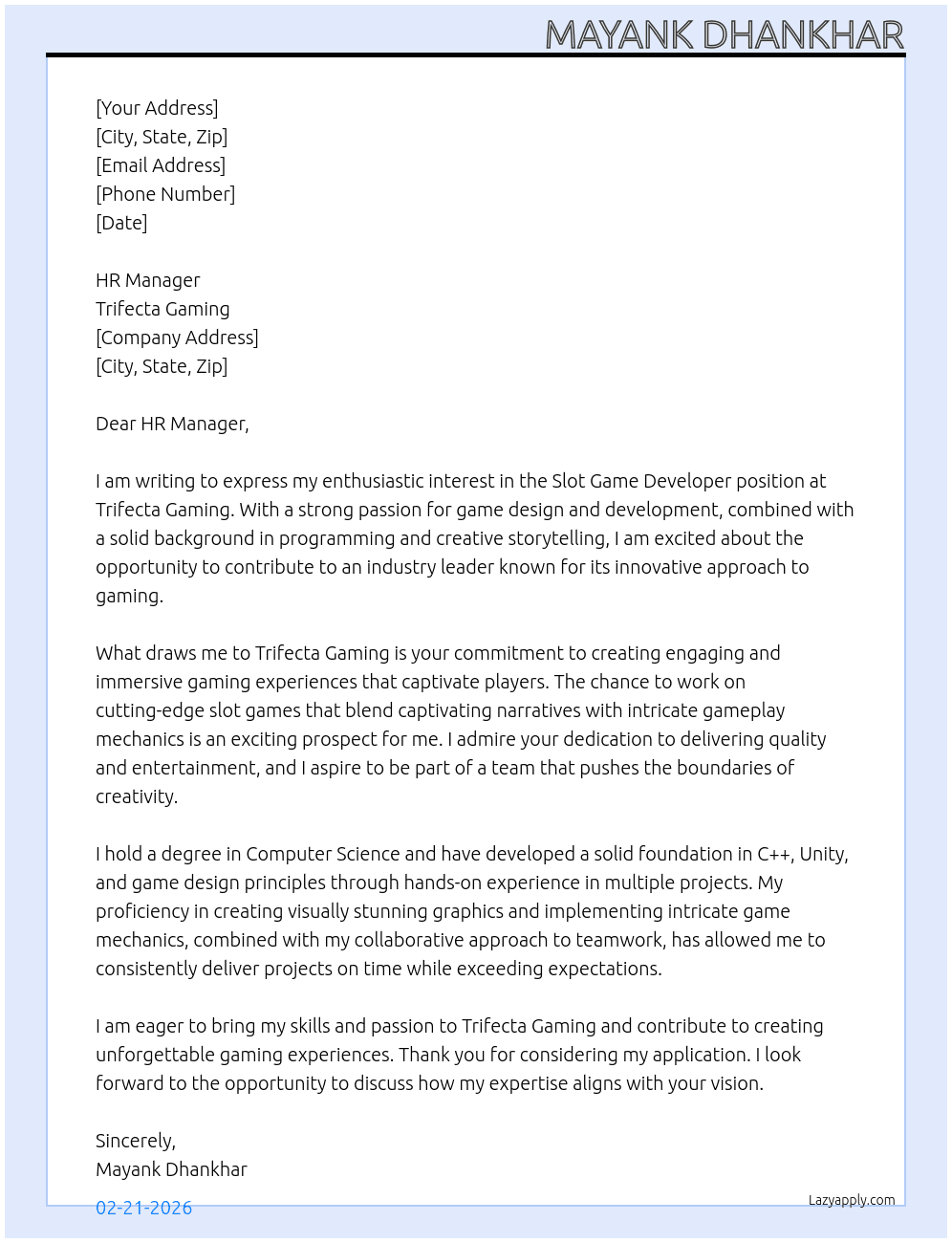 Slot Game Developer At Trifecta Gaming Cover Letter