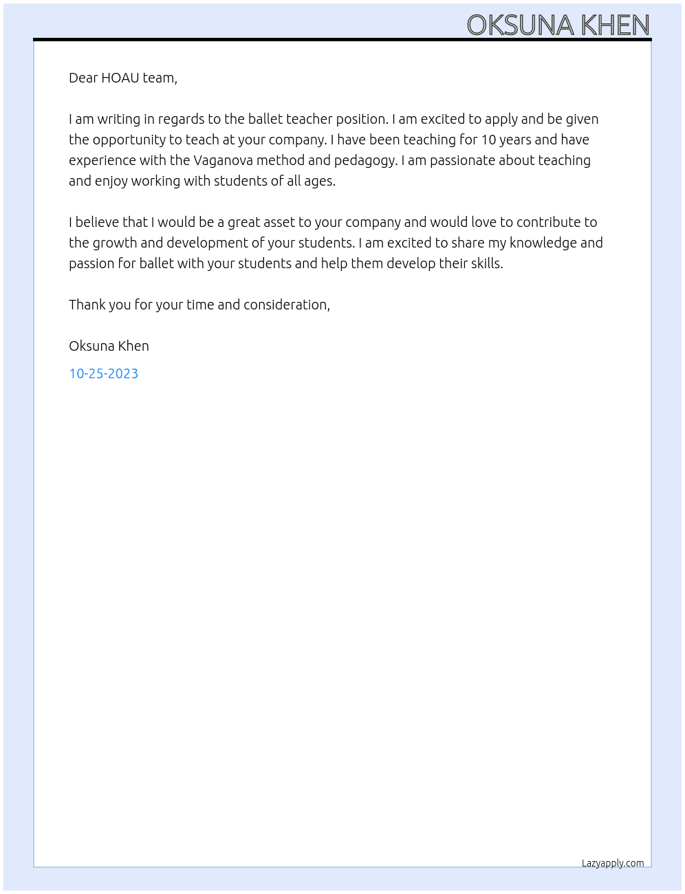 Ballet teacher At HOAU Cover Letter