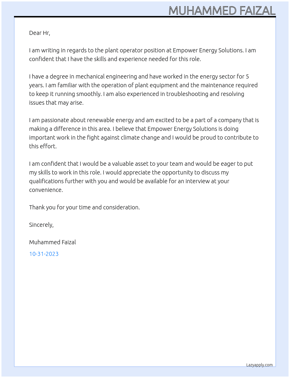 To plant operator At Empower energy solutions Cover Letter