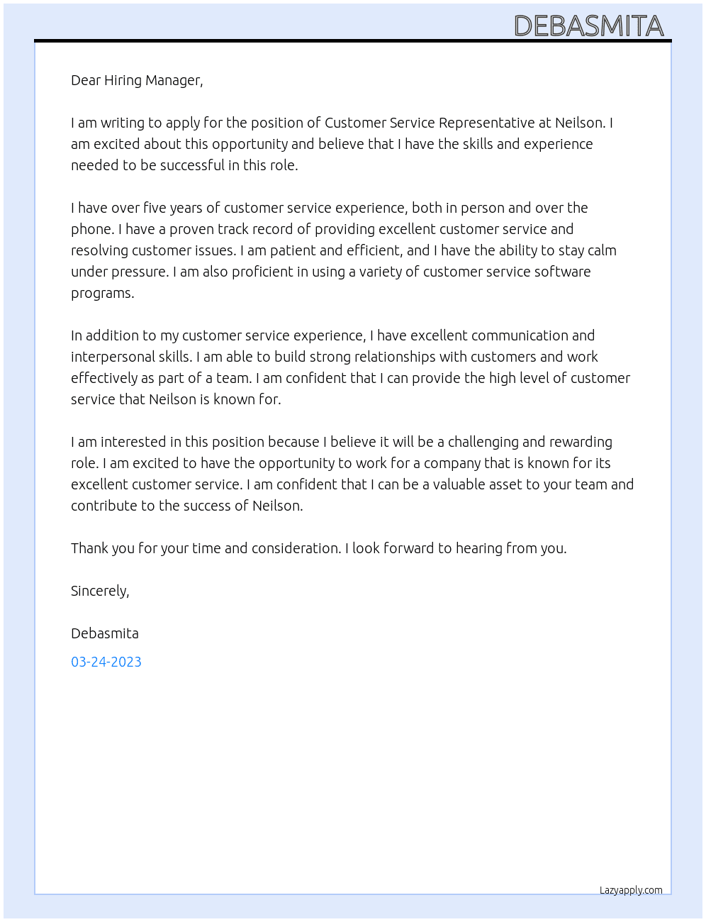 Customer service Representative  At Neilson Cover Letter