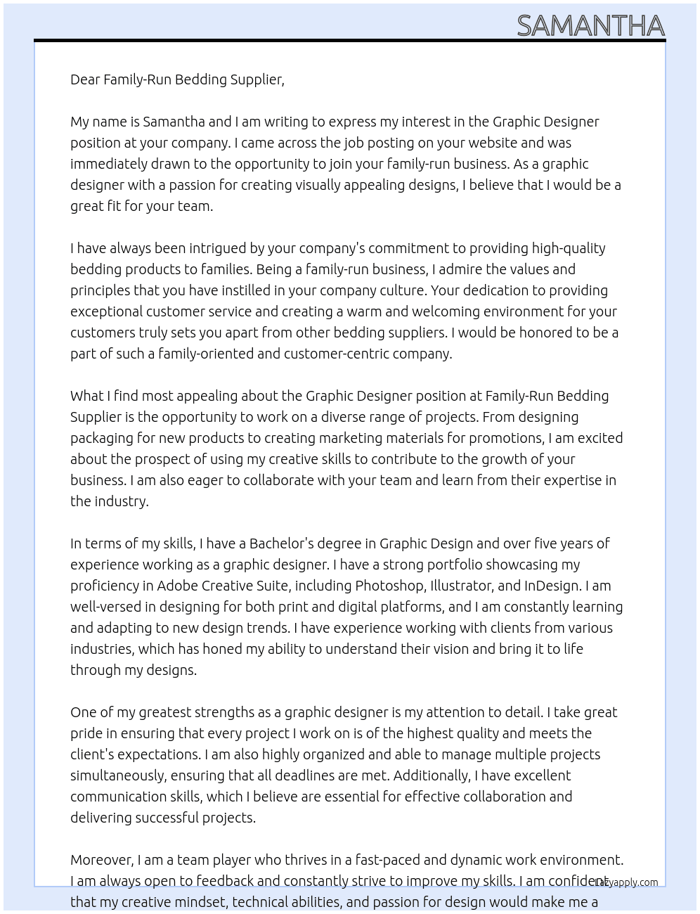 Graphic designer At Family-Run Bedding Supplier Cover Letter