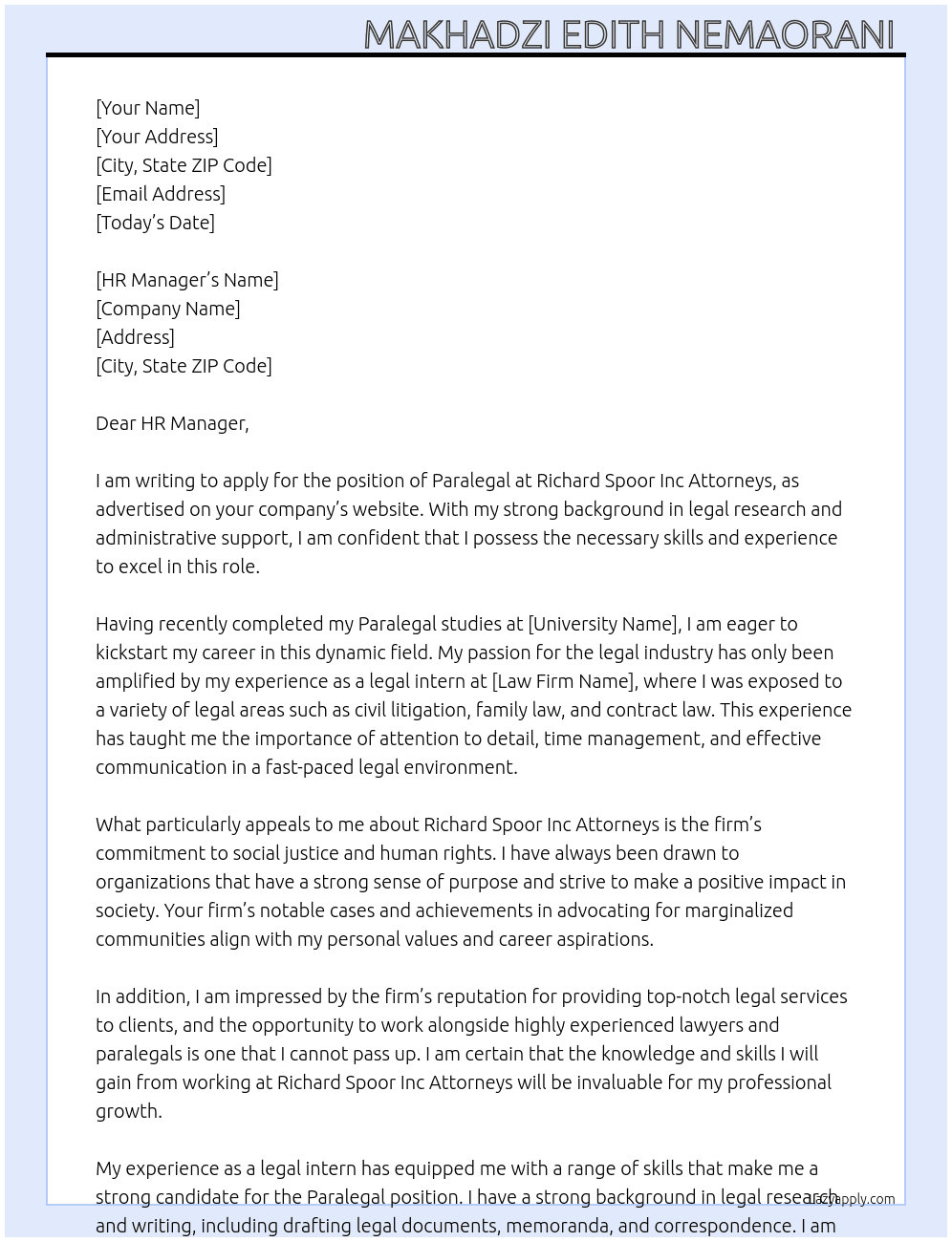 Paralegal  At Richard Spoor Inc Attorneys Cover Letter