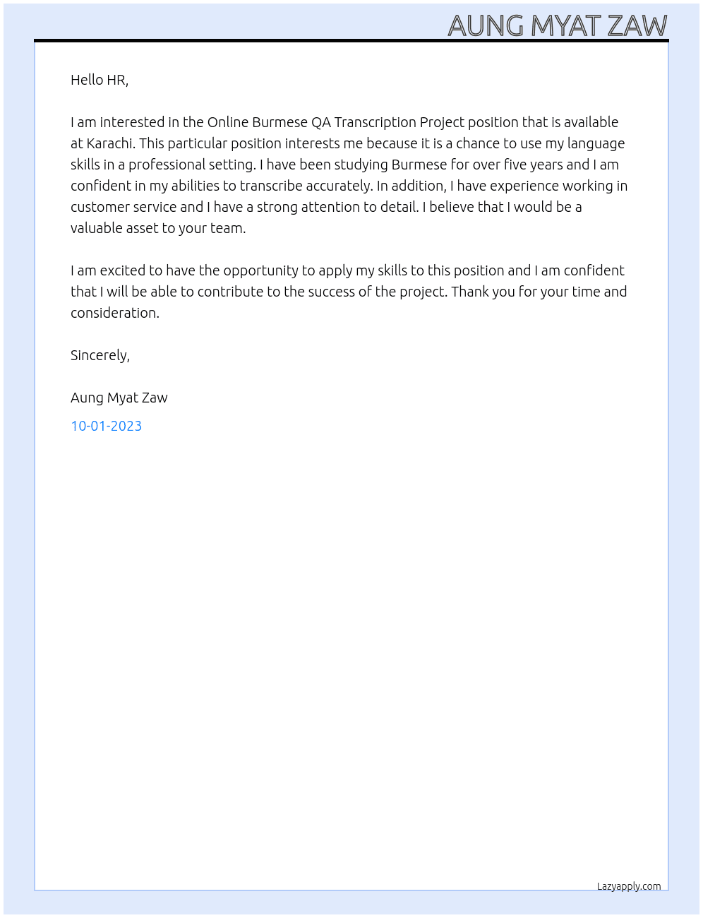 Online Burmese QA Transcription Project At Karachi Cover Letter