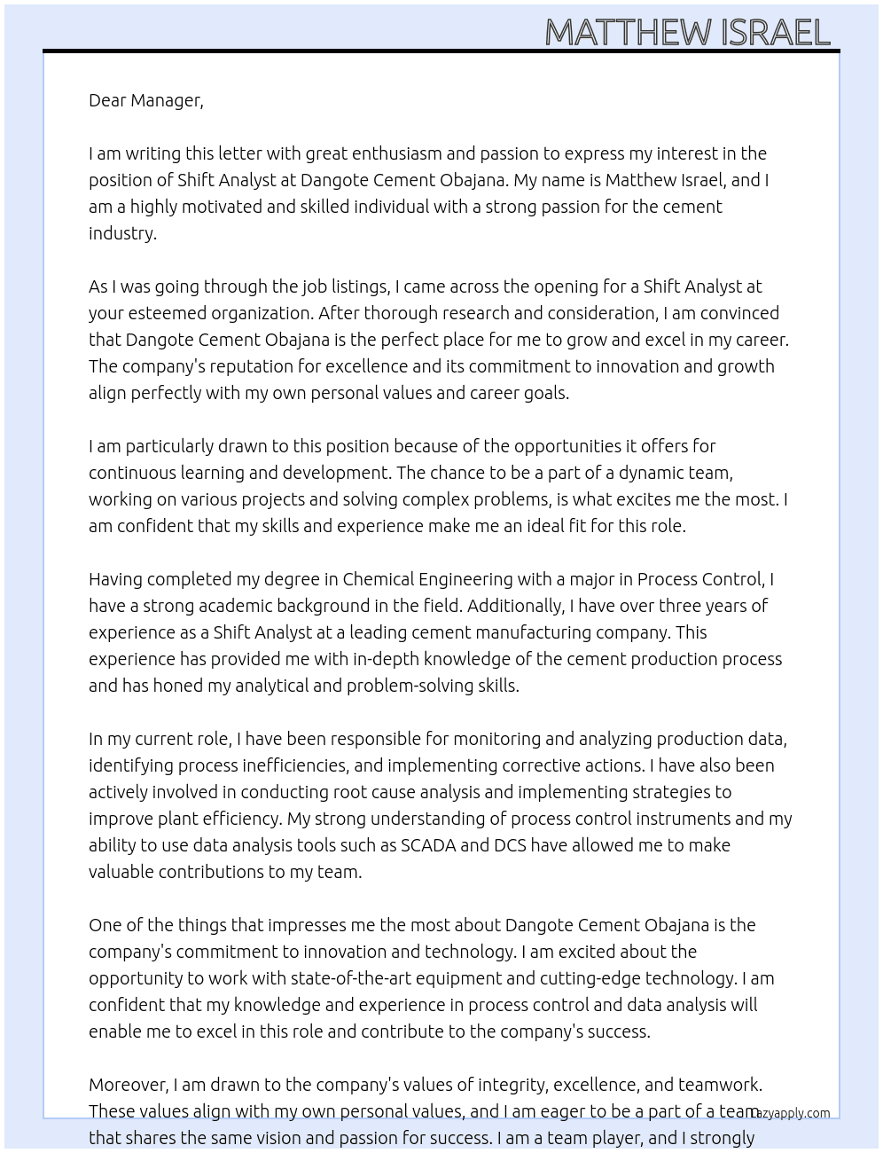 Shift Analyst  At Dangote Cement Obajana  Cover Letter