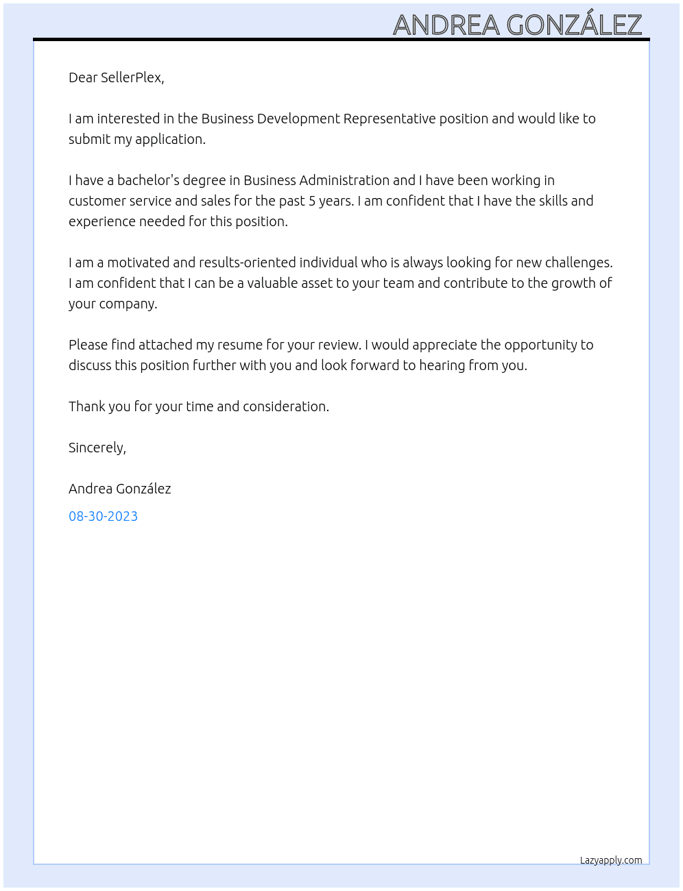 Business Development Representative At SellerPlex Cover Letter