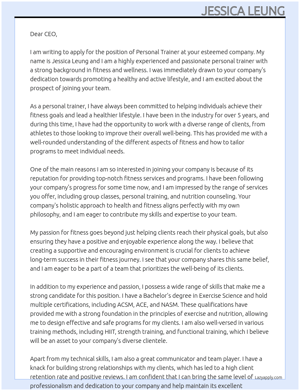 Cover letter for personal trainer - LazyApply