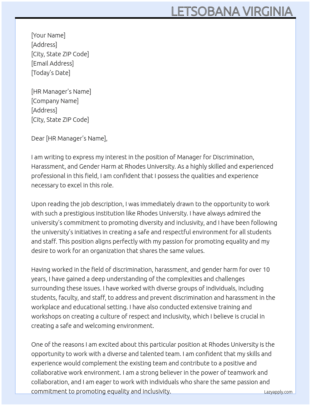 Manager Discrimination, Harassment, and Gender Harm At Rhodes University  Cover Letter