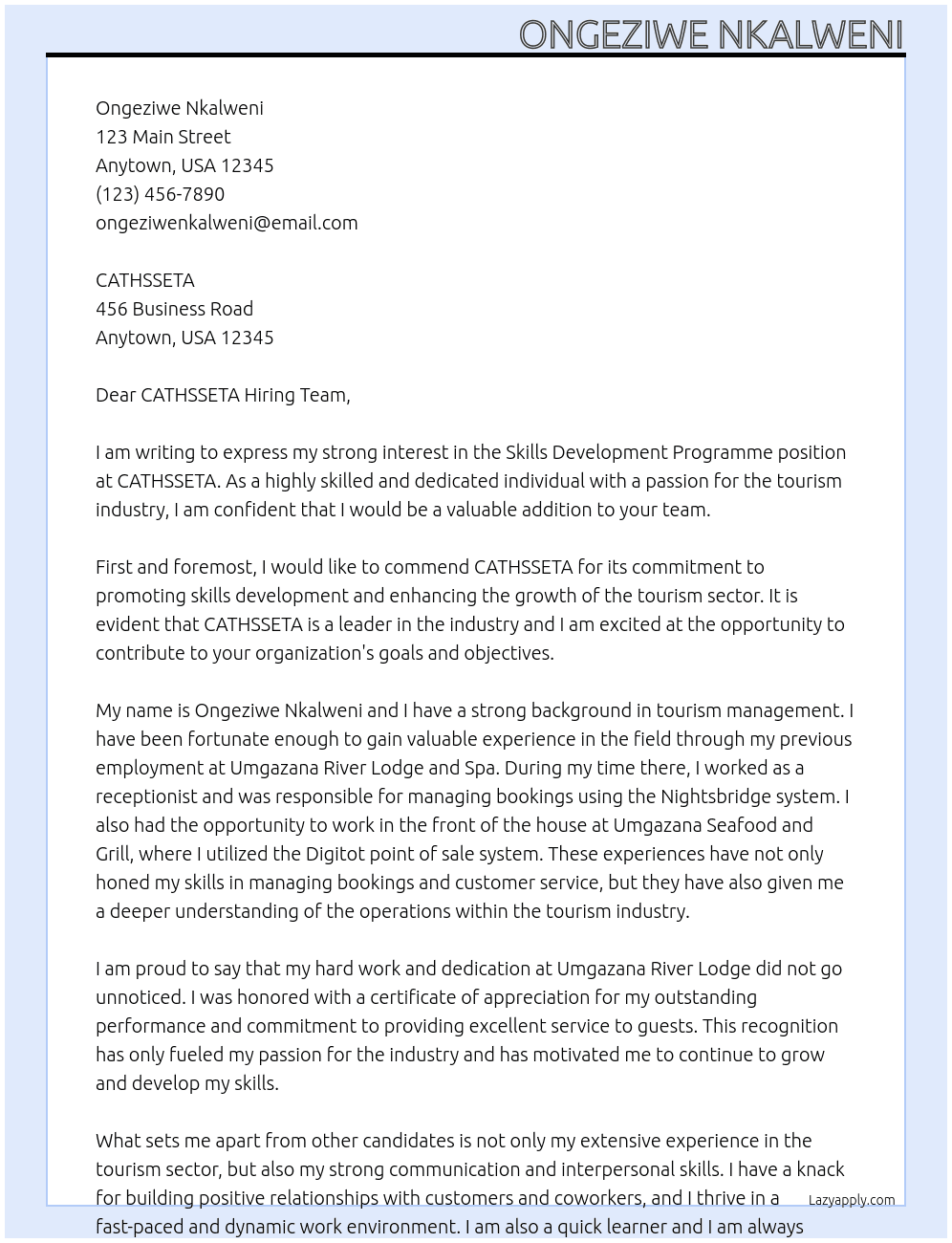 Skills development programme At CATHSSETA Cover Letter