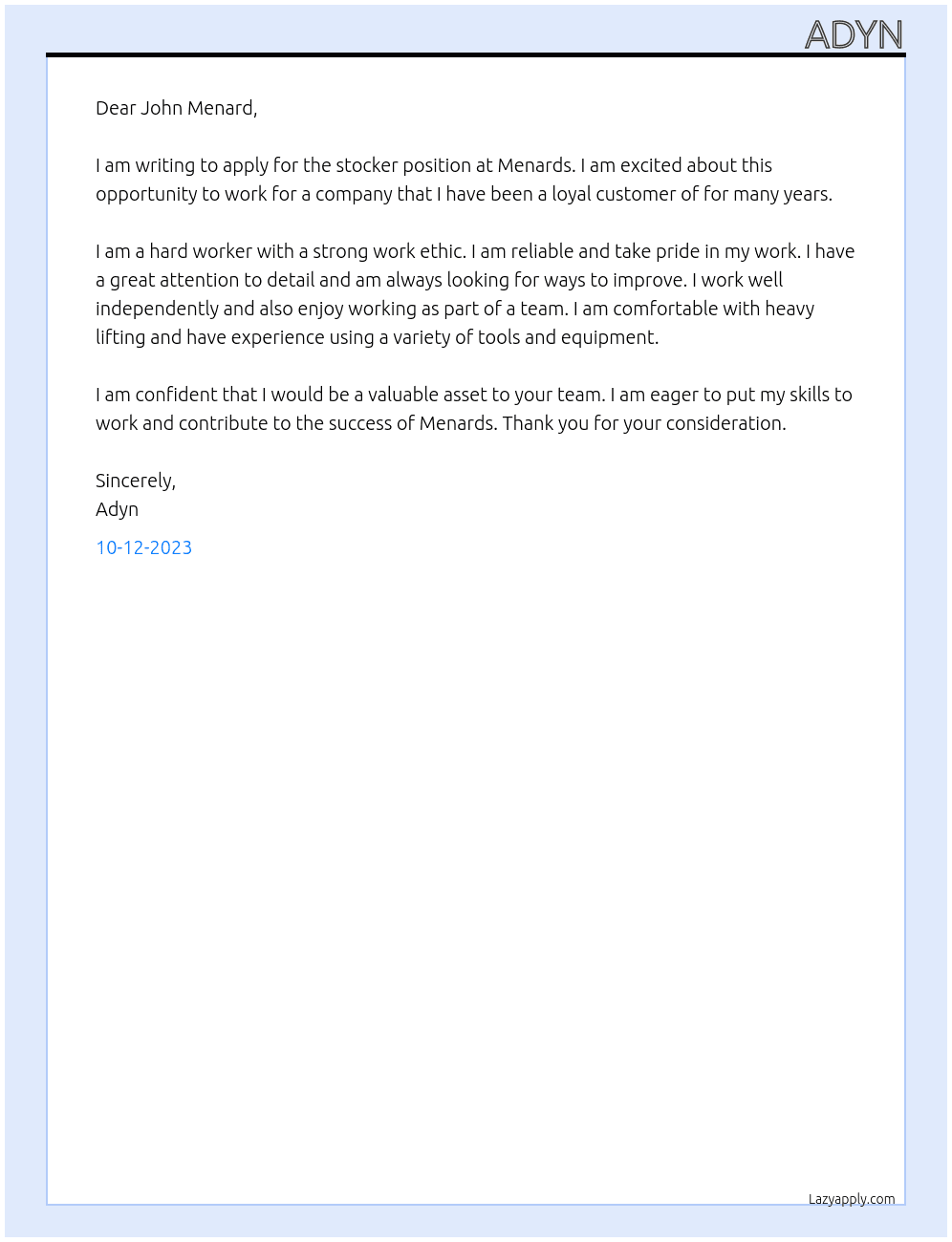 Stocker At Menards Cover Letter