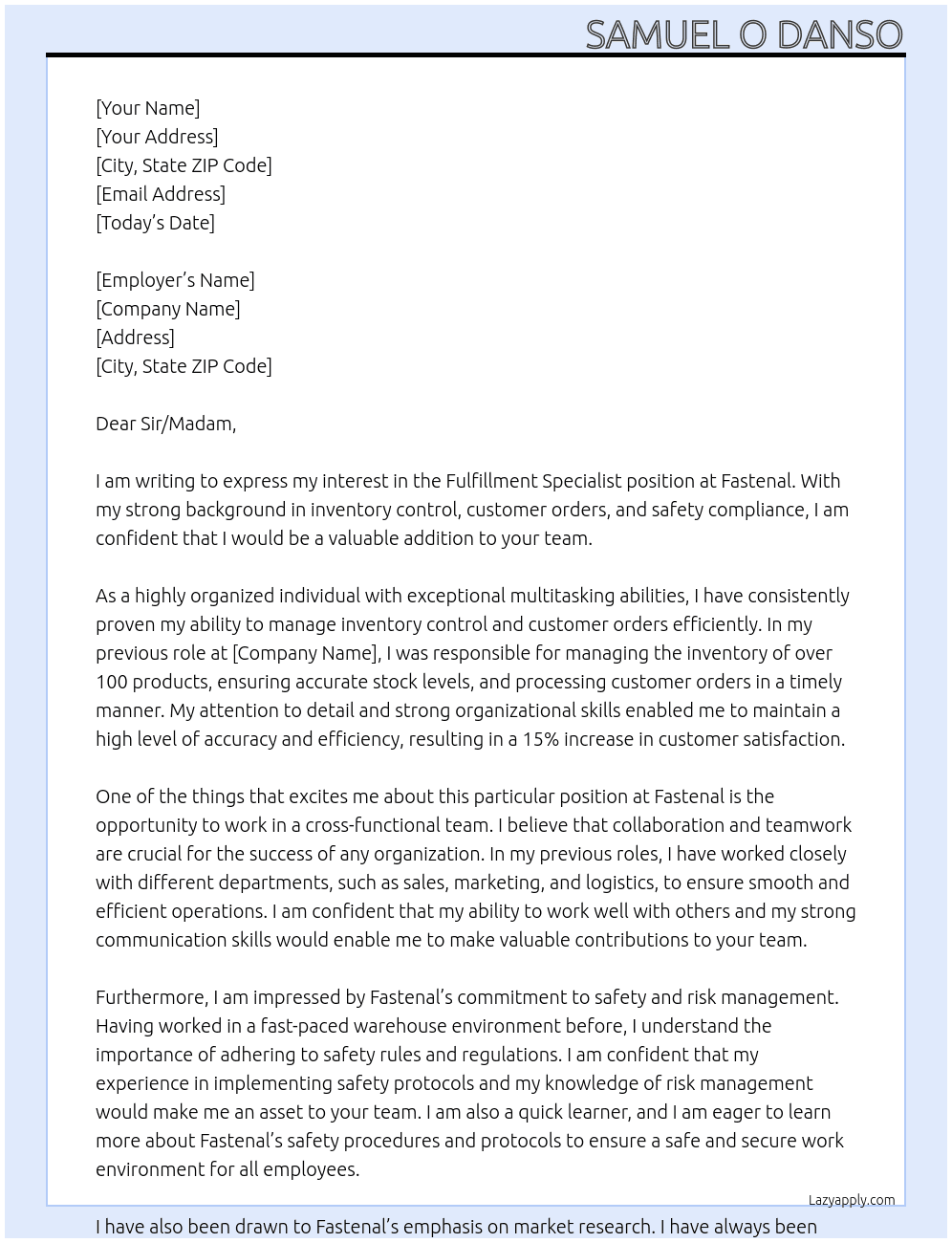 Fulfillment Specialist At Fastenal Cover Letter