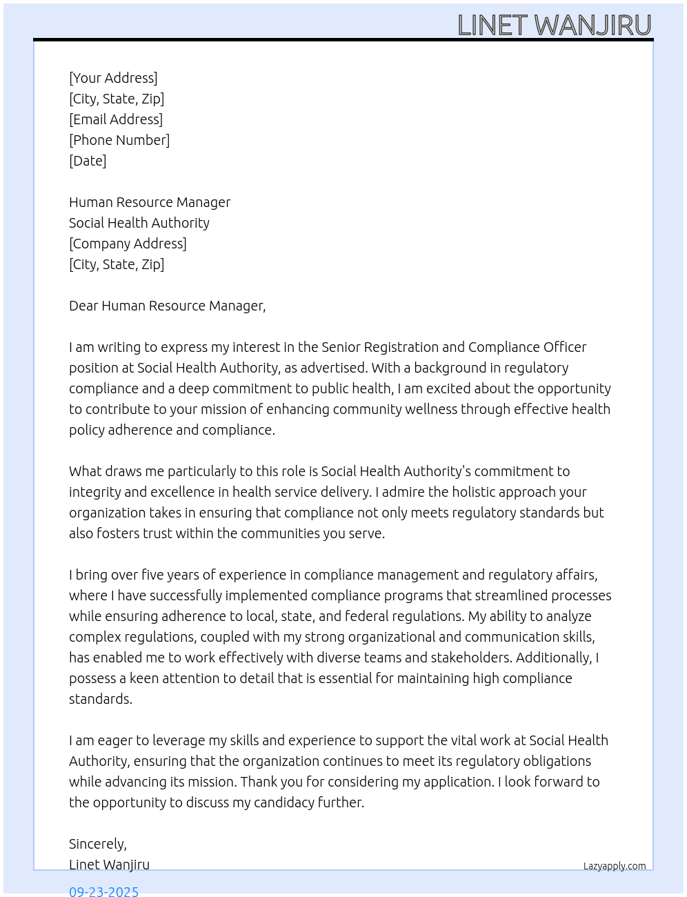 senior registration and compliance officer At Social Health Authority Cover Letter