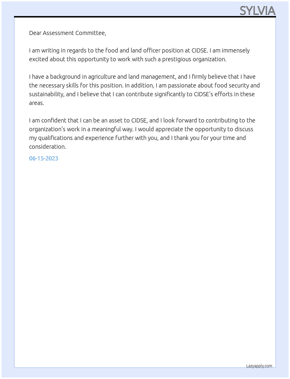 Food and Land Officer At CIDSE Cover Letter
