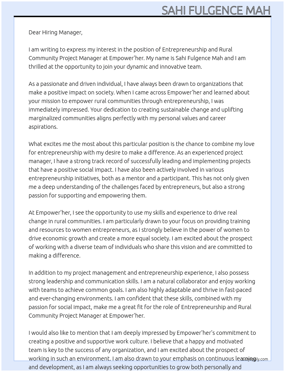 Entrepreneurship and Rural Community Project Manager At Empower'her Cover Letter