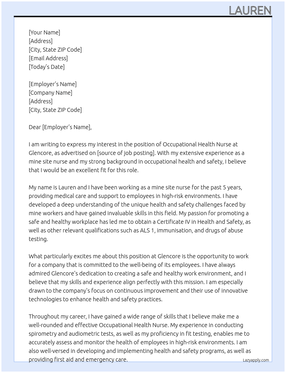 Occupational Health Nurse At Glencore  Cover Letter