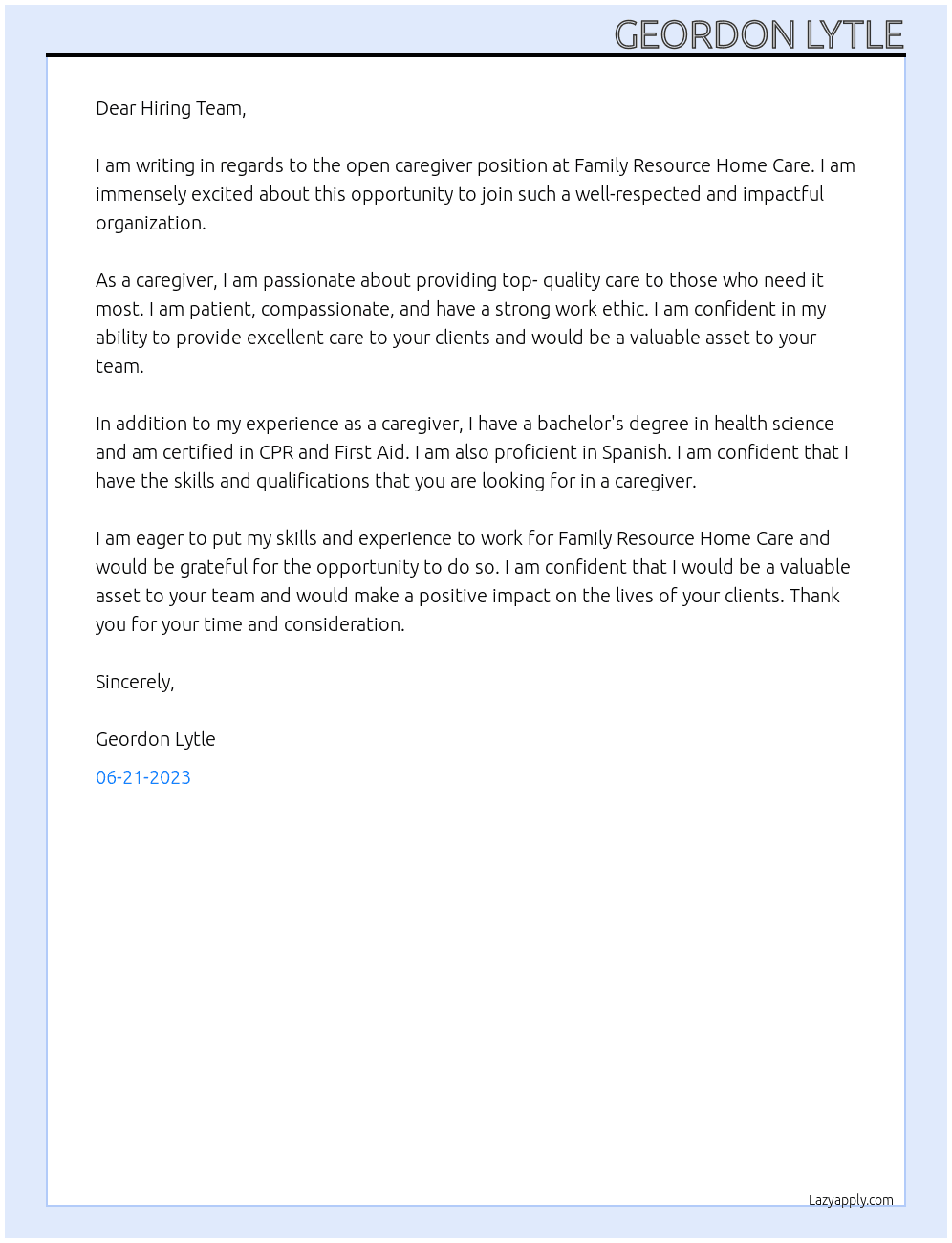 Caregiver At Family Resource Home Care Cover Letter