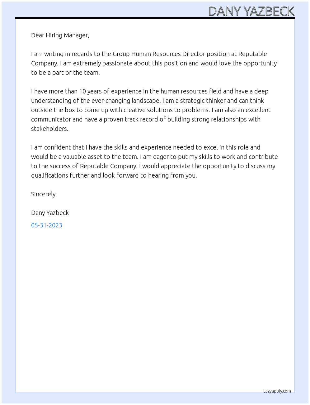 Group Human Resources Director At Reputable company Cover Letter