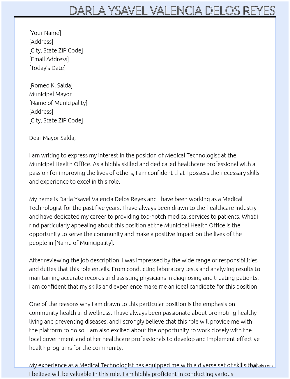 Medical Technologist At Municipal Health Office Cover Letter