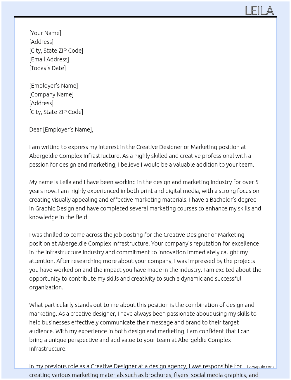 Creative designer or Marketing in Infrastructure At Abergeldie Complex Infastructure Cover Letter