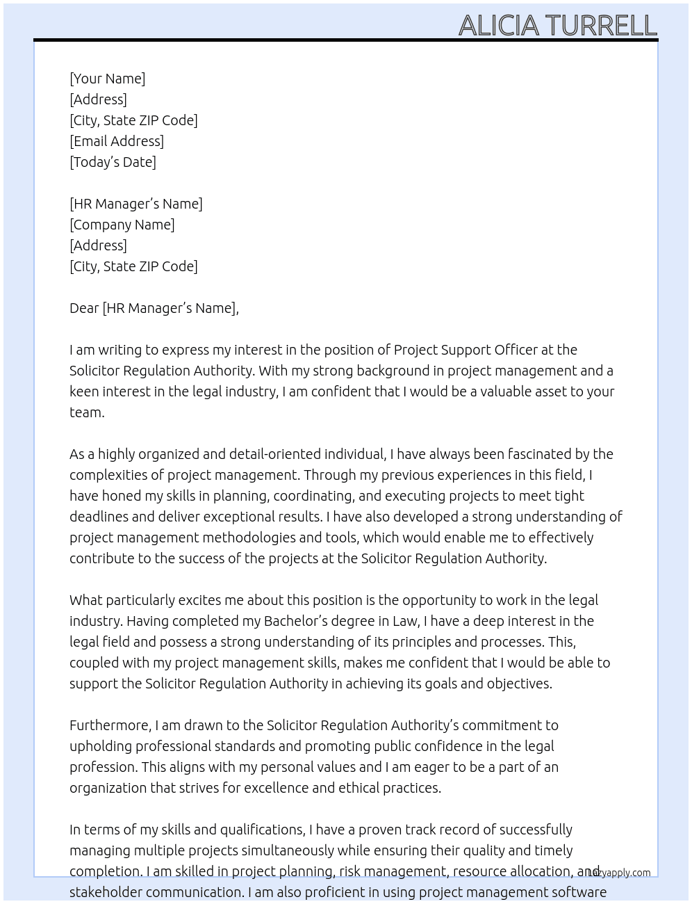 Project Aupport Officer  At Solicitor Regulation Authority Cover Letter