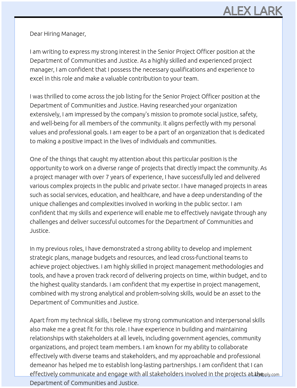 Senior Project Officer At Department of Communities and Justice Cover Letter