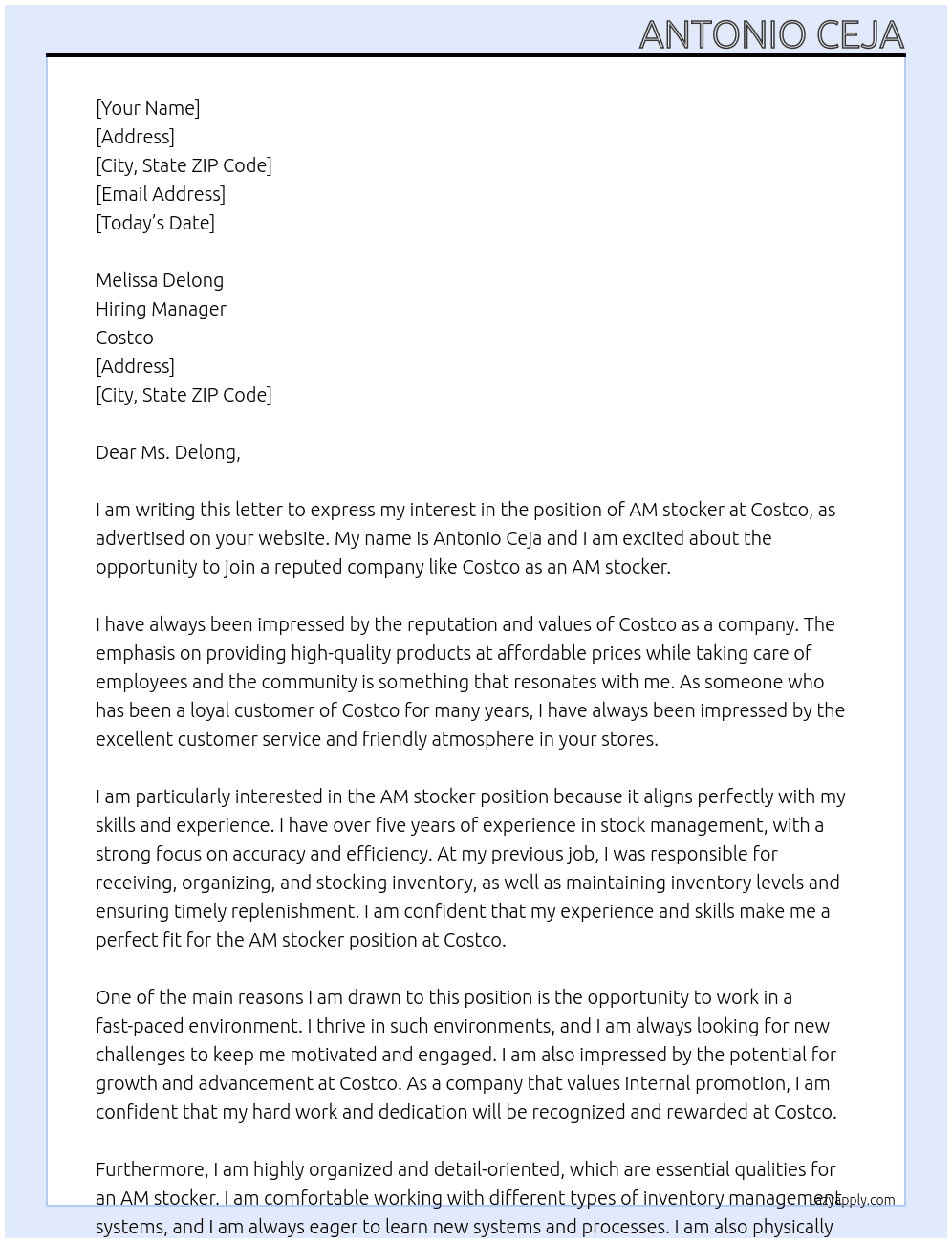 Cover letter for am stocker - LazyApply