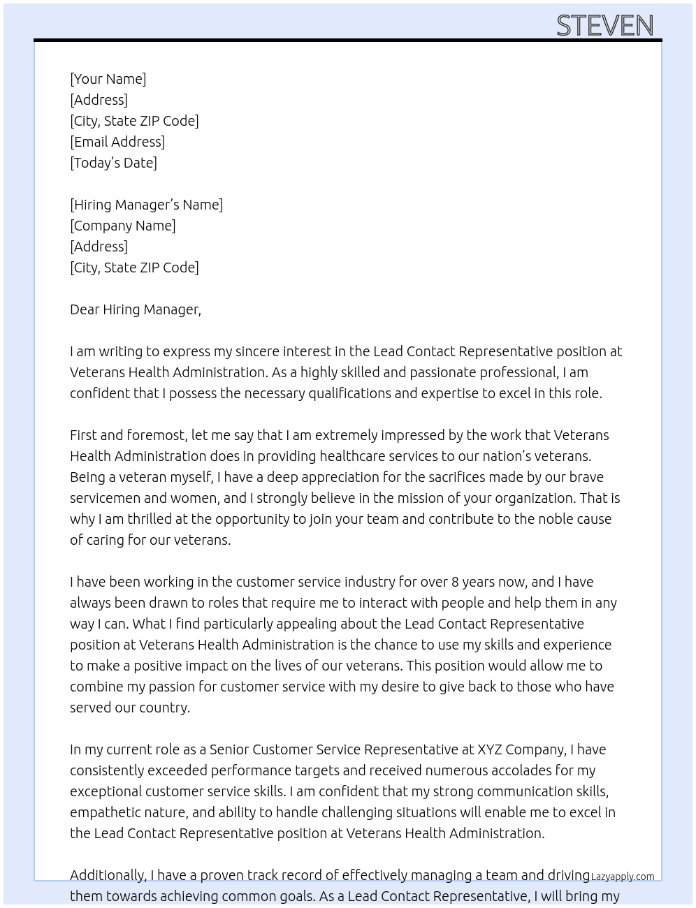 Lead Contact Representative At Veterans Health Administration Cover Letter