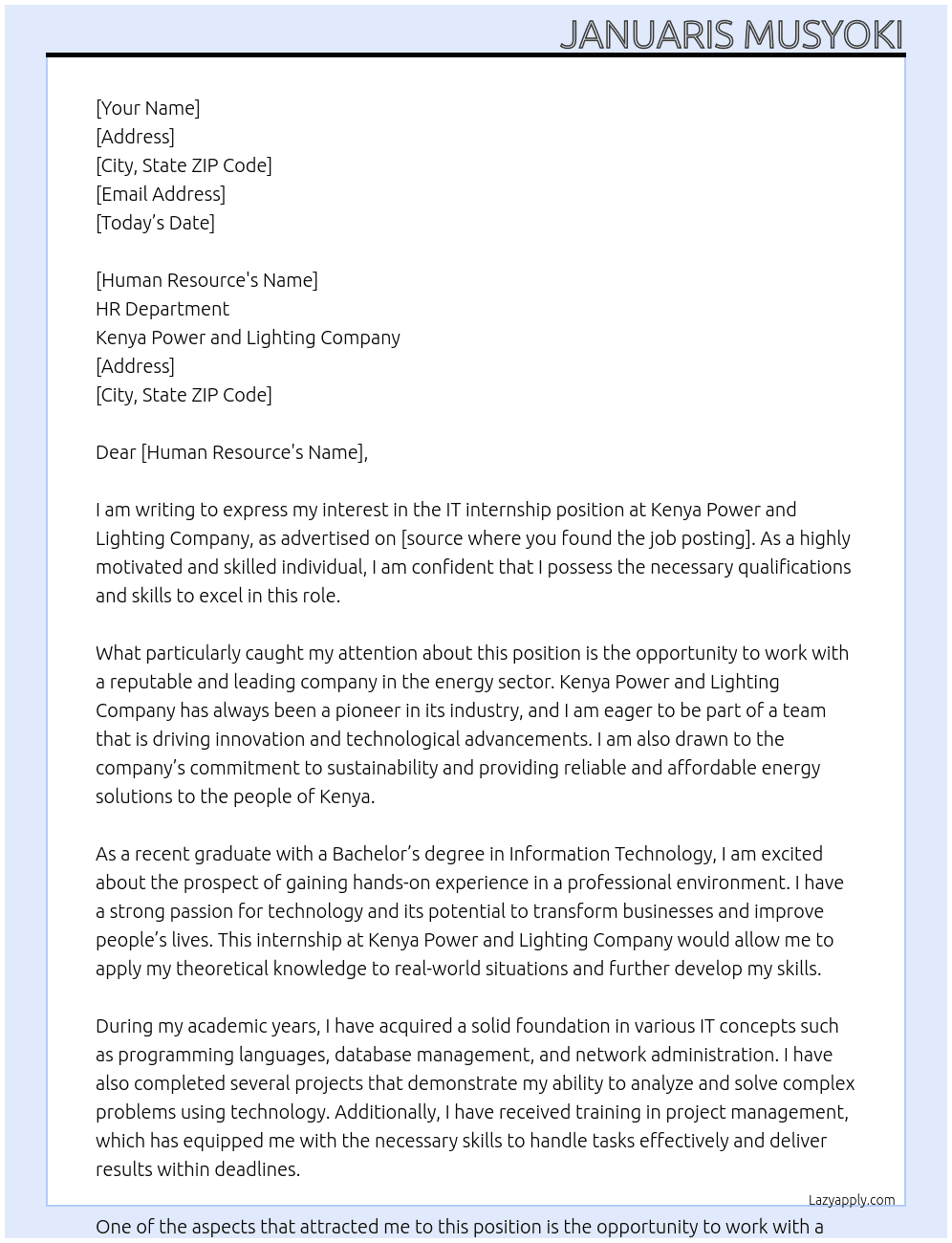 IT internship At Kenya Power and Lighting Company Cover Letter
