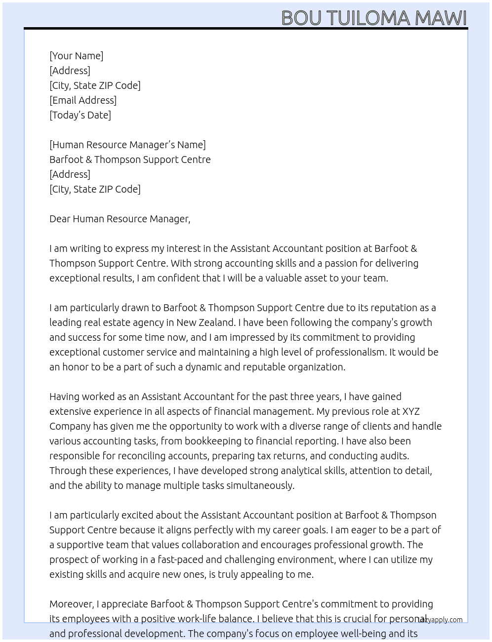 Assistant Accountant At Barfoot & Thompson Support Centre Cover Letter