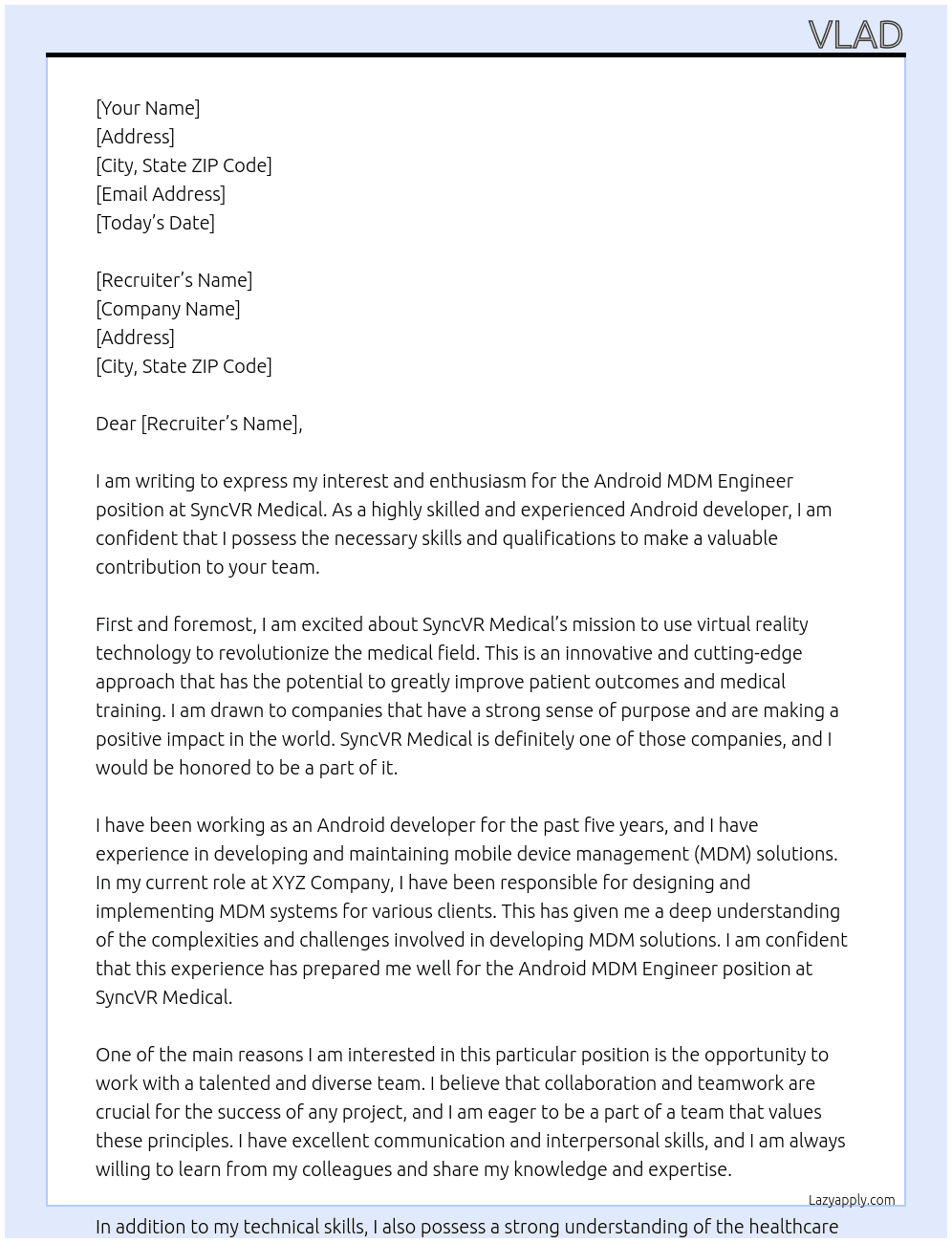 Android MDM Engineer At SyncVR Medical Cover Letter