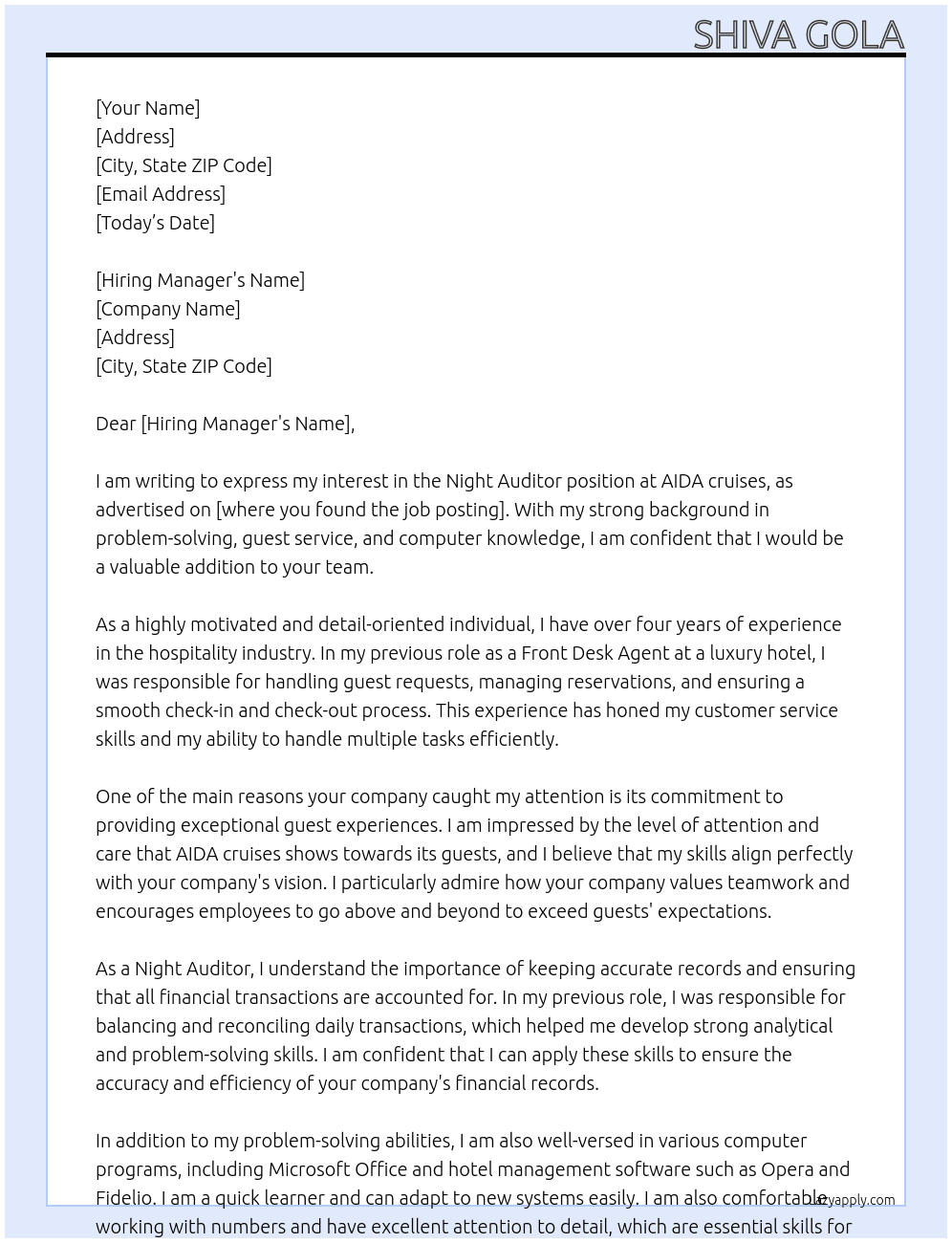 Night Auditor  At AIDA cruises Cover Letter