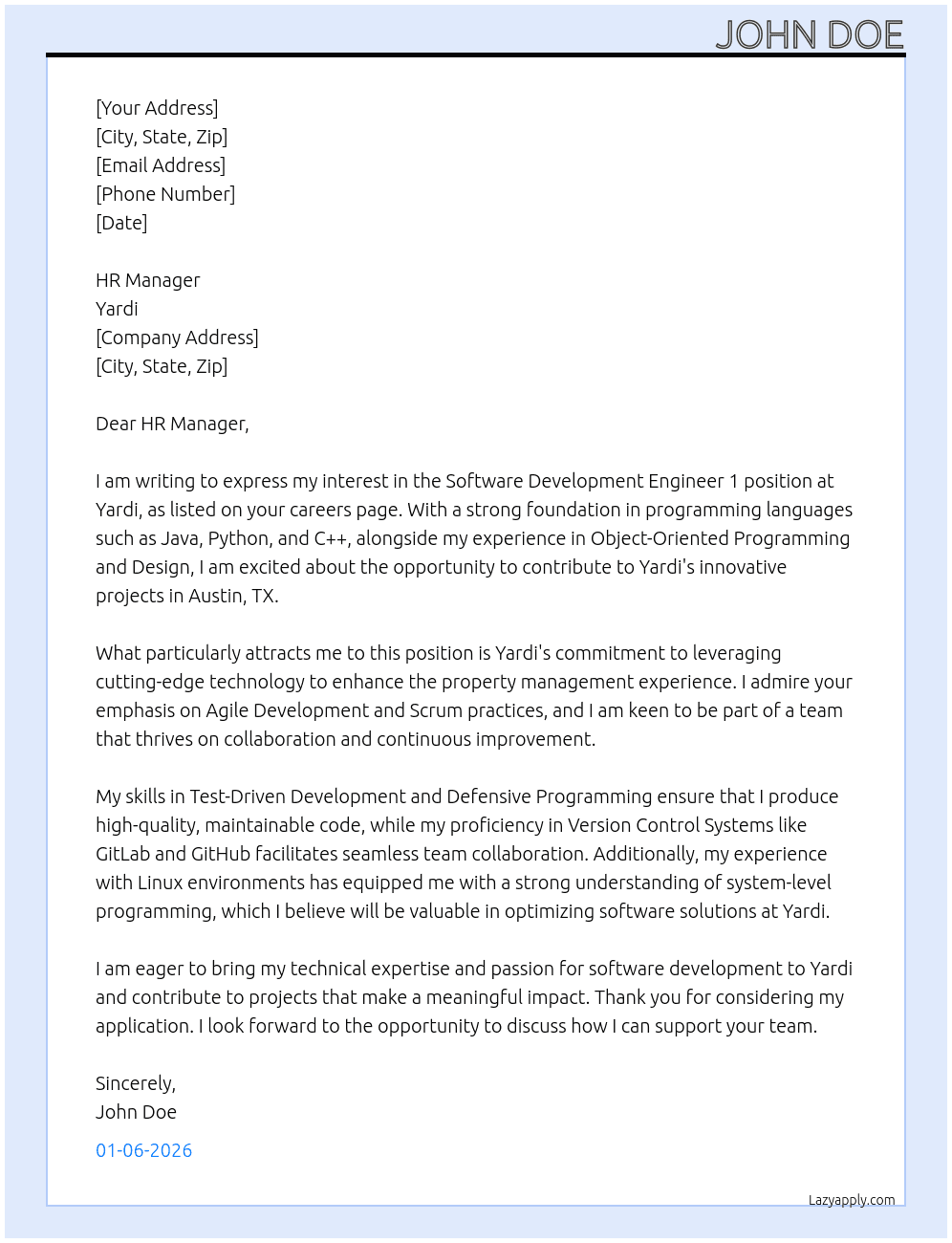 Cover letter for software development engineer 1 - LazyApply