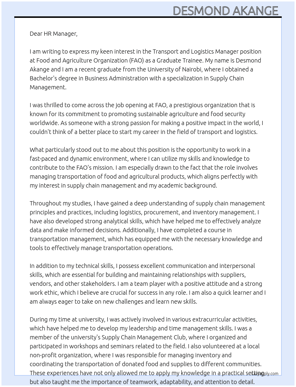 Transport and logistics Manager  At Food and Agriculture Organization (UN) Cover Letter