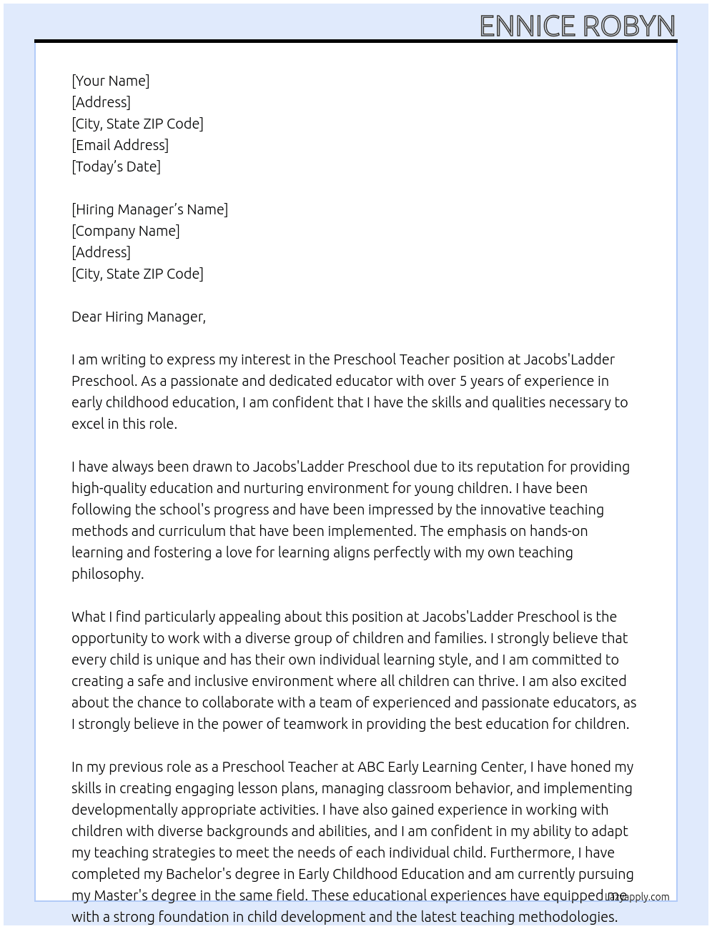 preschool teacher At Jacobs'Ladder Preschool Cover Letter