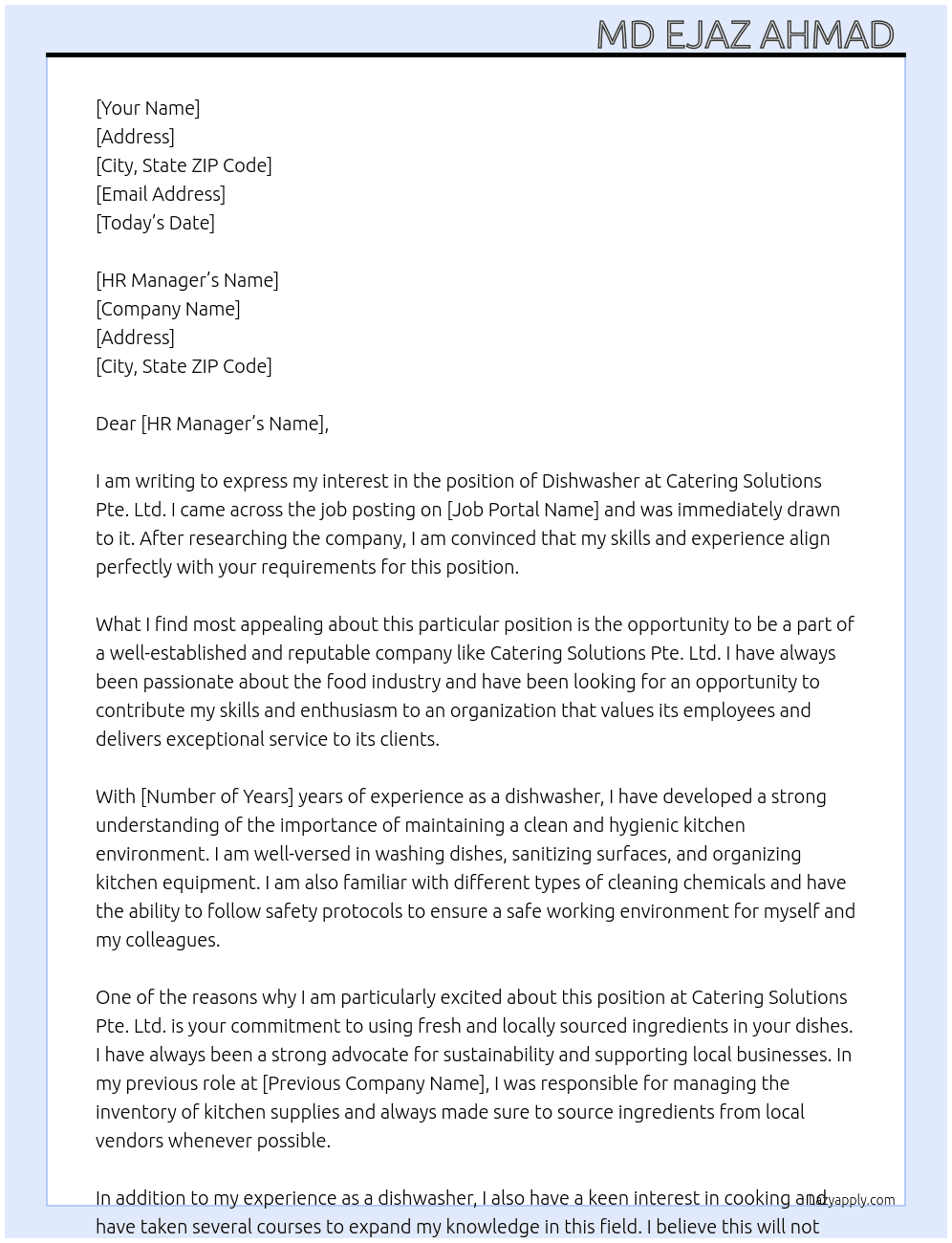 Dishwasher At Catering solutions pte.ltd. Cover Letter