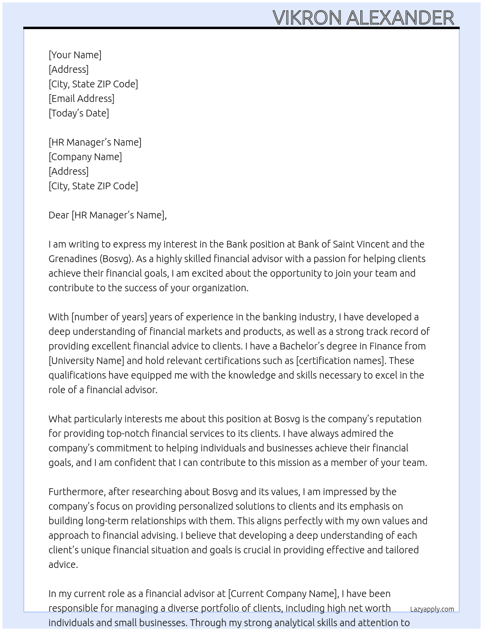 Bank  At Bank of Saint Vincent and the Grenadines (Bosvg) Cover Letter