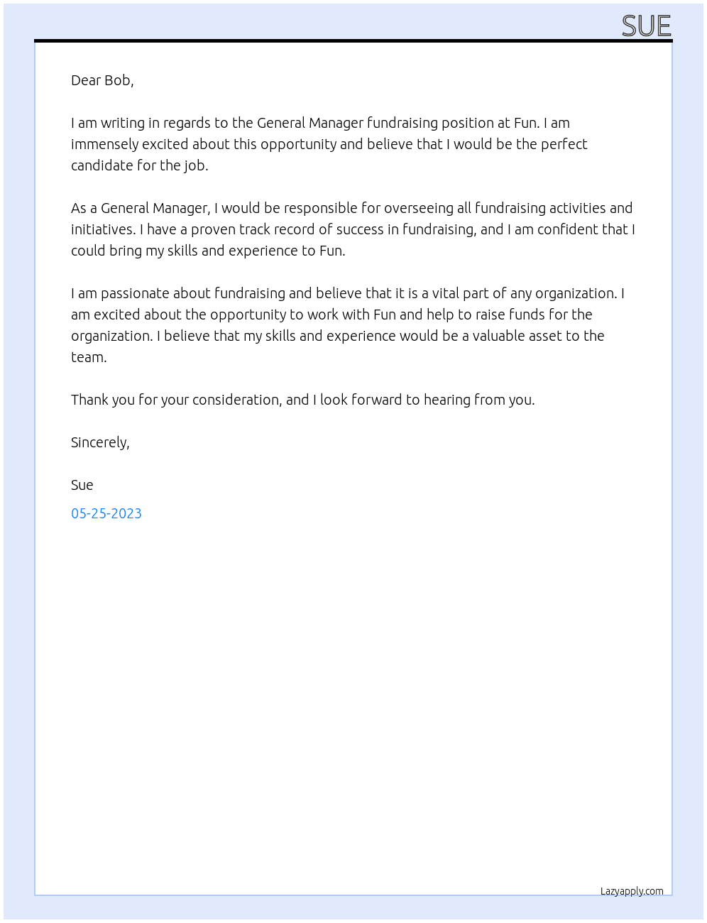 General Manager fundraising At Fun Cover Letter