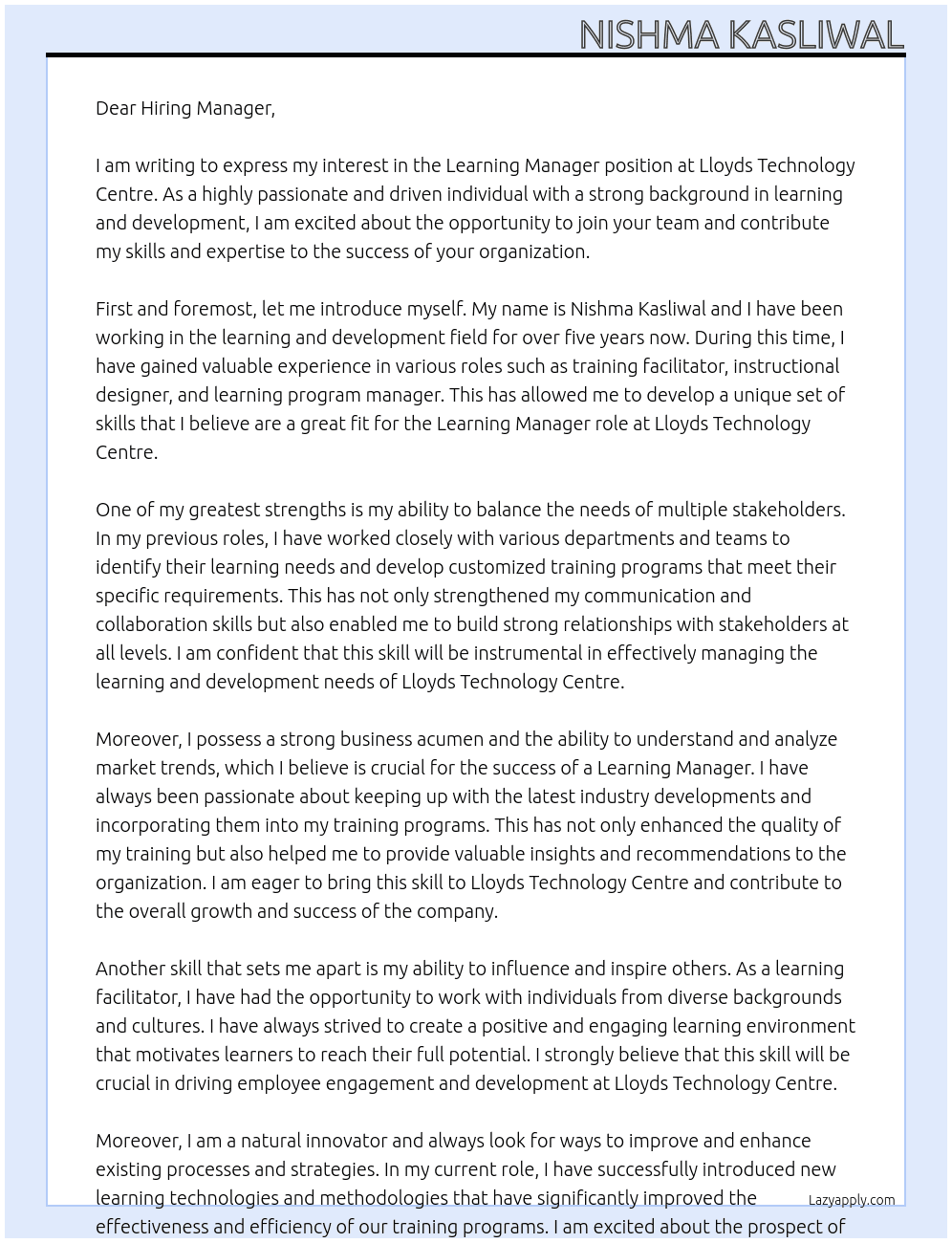 Learning Manager At Lloyds Technology Centre Cover Letter