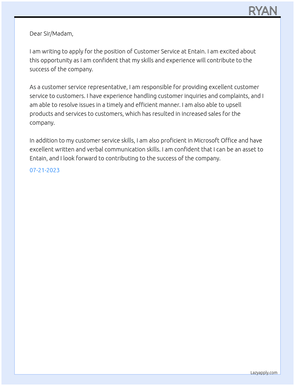Customer service  At Entain Cover Letter