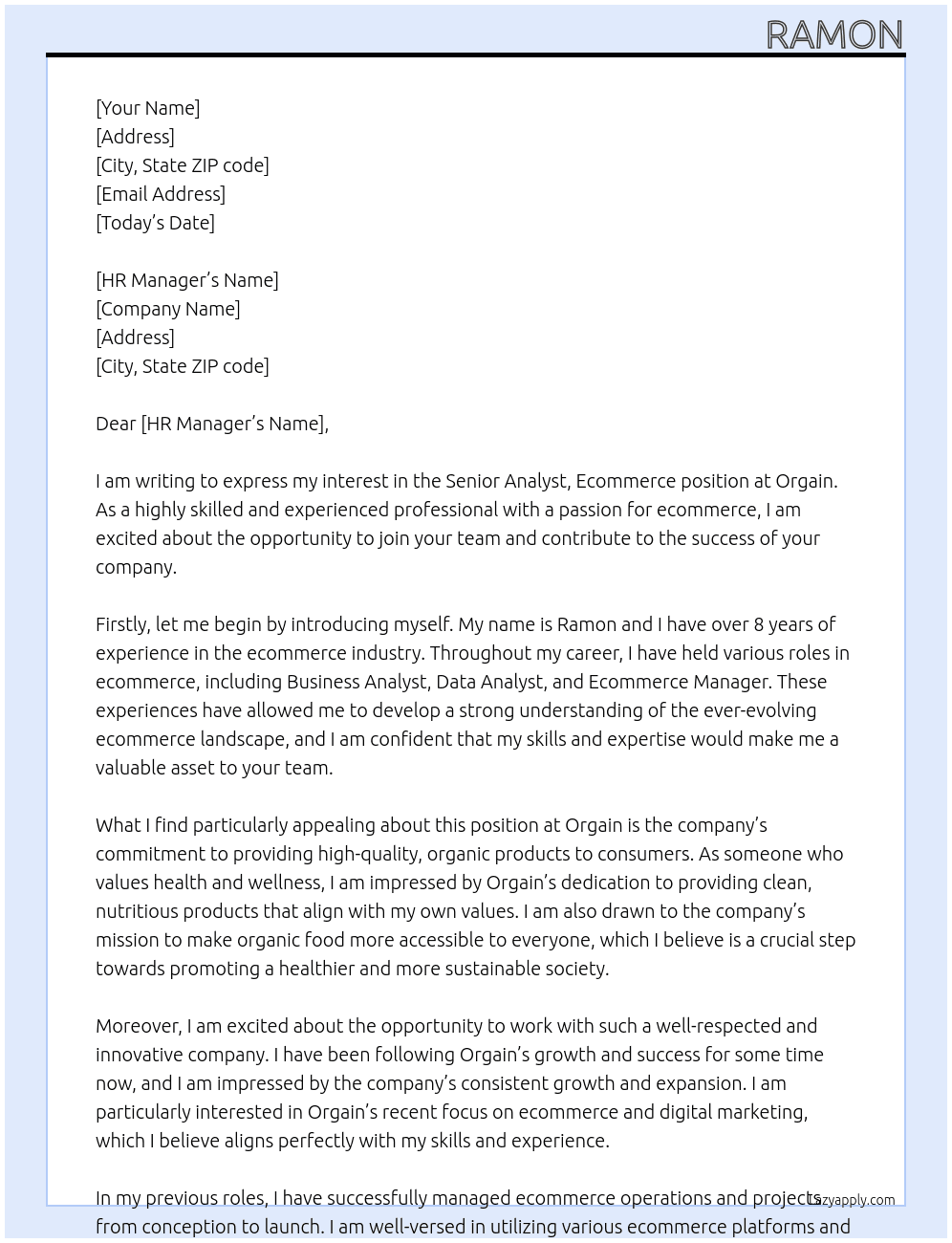 Senior Analyst, Ecommerce At Orgain Cover Letter
