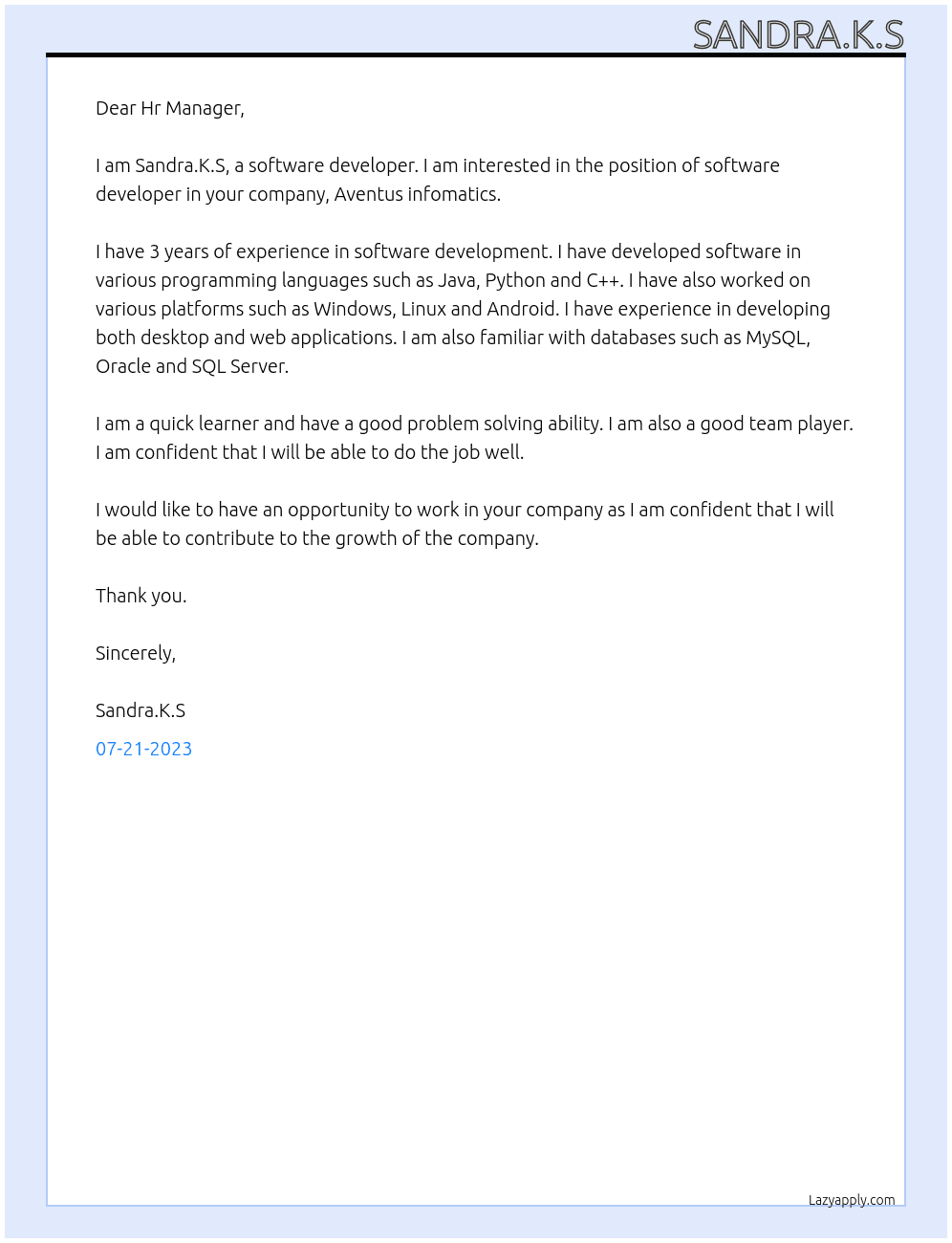 Software Developer  At Aventus infomatics Cover Letter