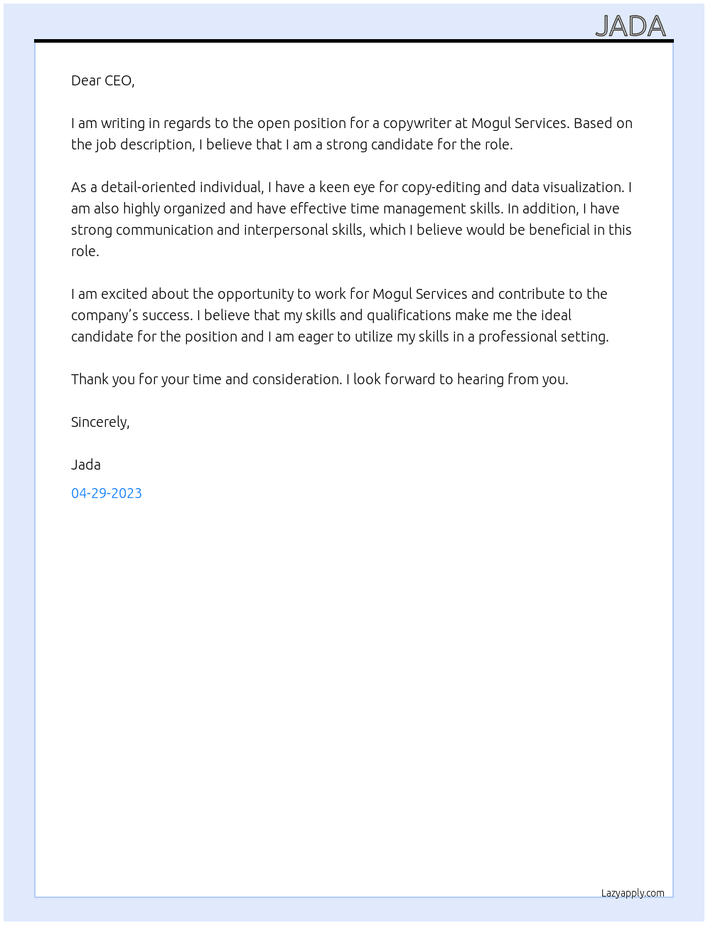 Copywriter  At Mogul Services Cover Letter