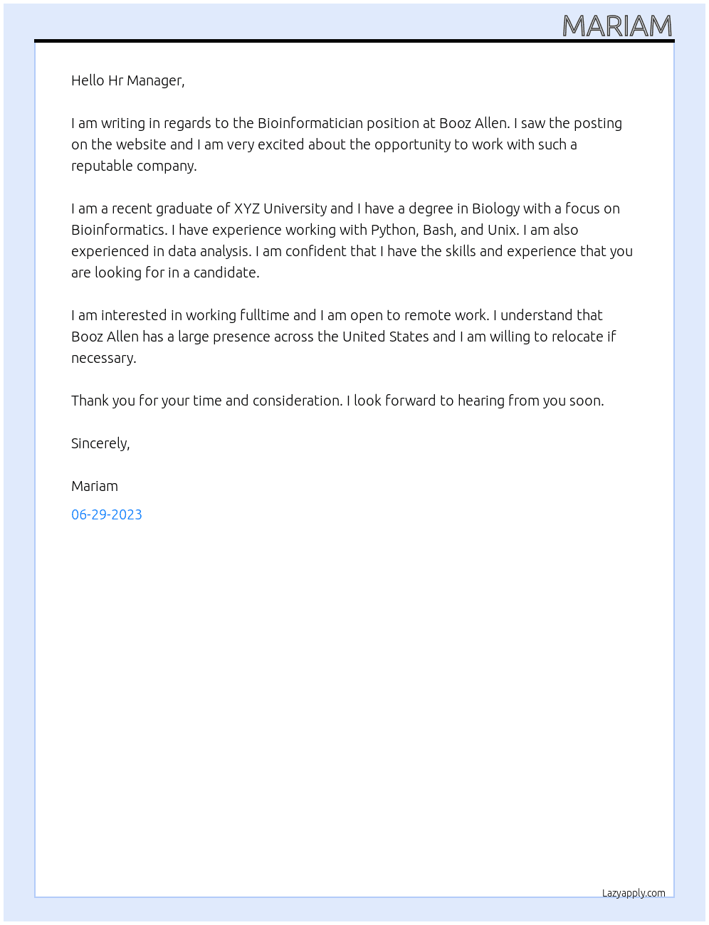 Bioinformatician At Booz Allen Cover Letter