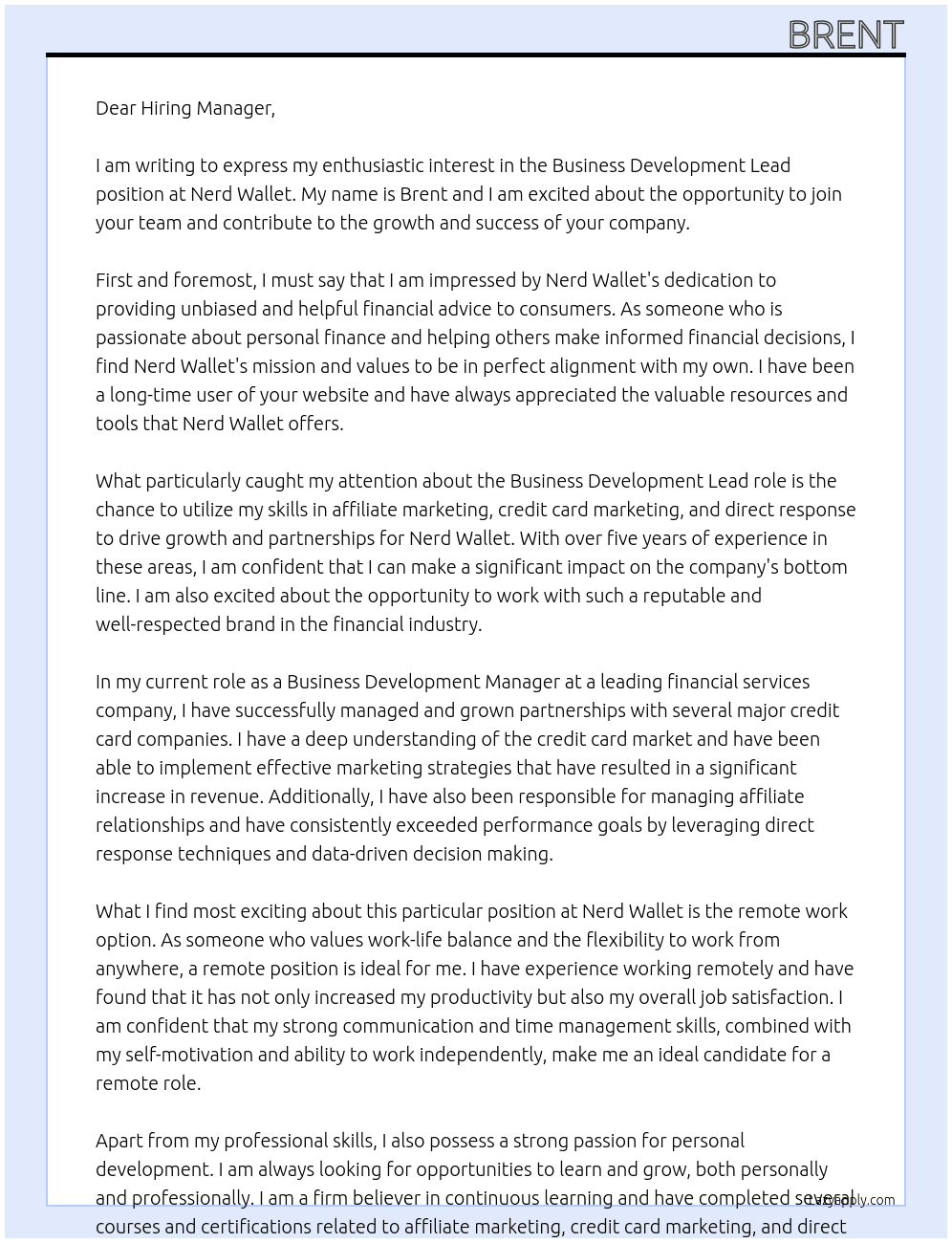 Business Development Lead At Nerd Wallet Cover Letter