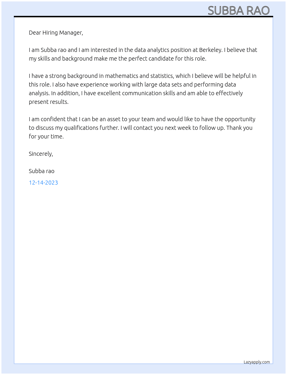 Data analytics  At Berkeley  Cover Letter