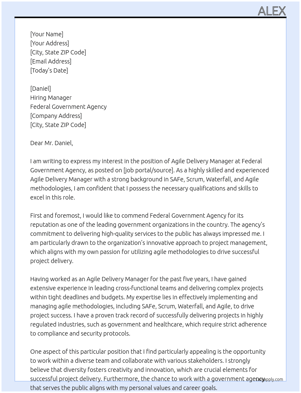 Agile Delivery Manager At Federal Government Agency Cover Letter