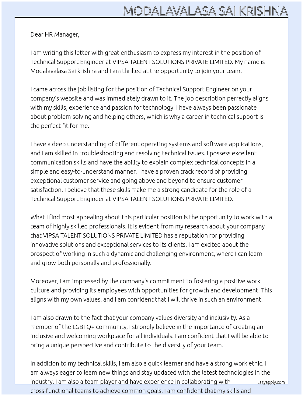 Technical support engineer At VIPSA TALENT SOLUTIONS PRIVATE LIMITED Cover Letter