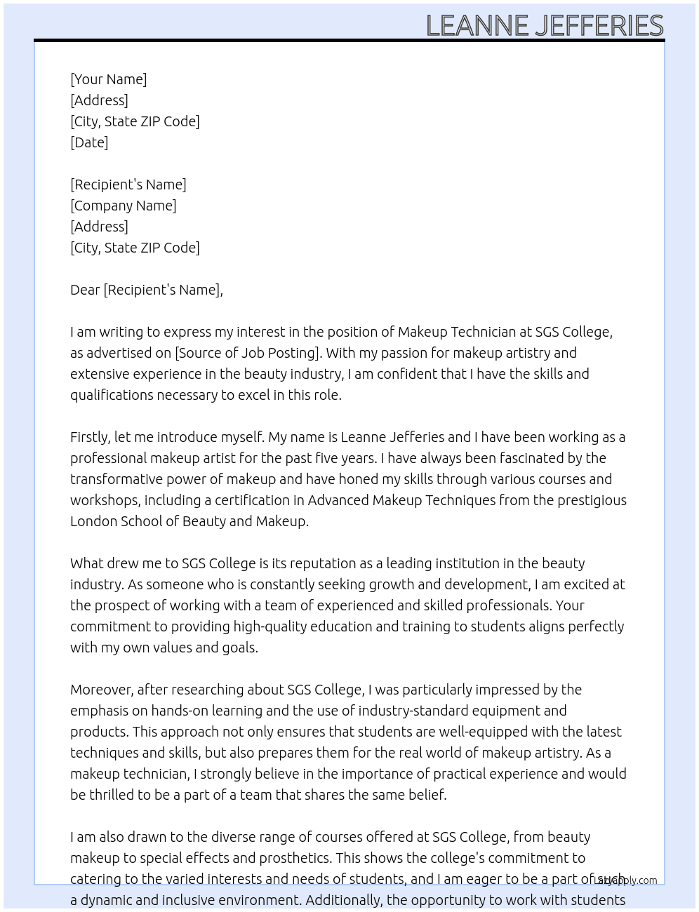 Cover letter for makeup technician - LazyApply