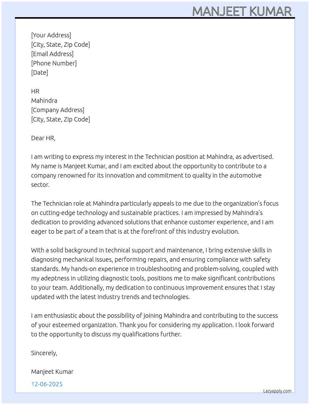 Technician  At Mahindra  Cover Letter