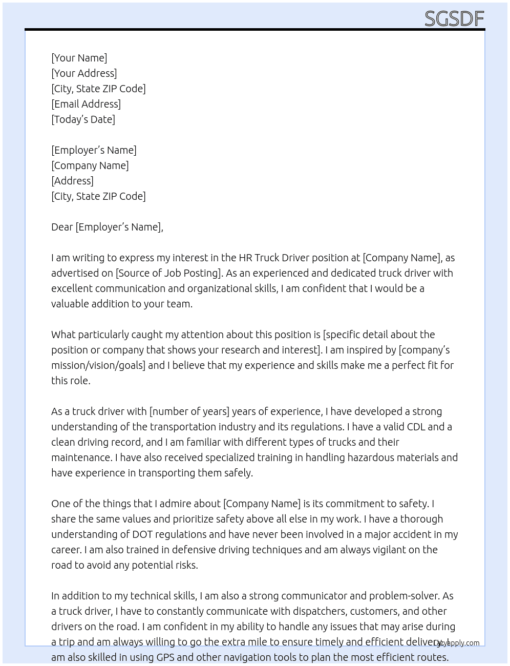 HR TRUCK DRIVER At dfsdf Cover Letter