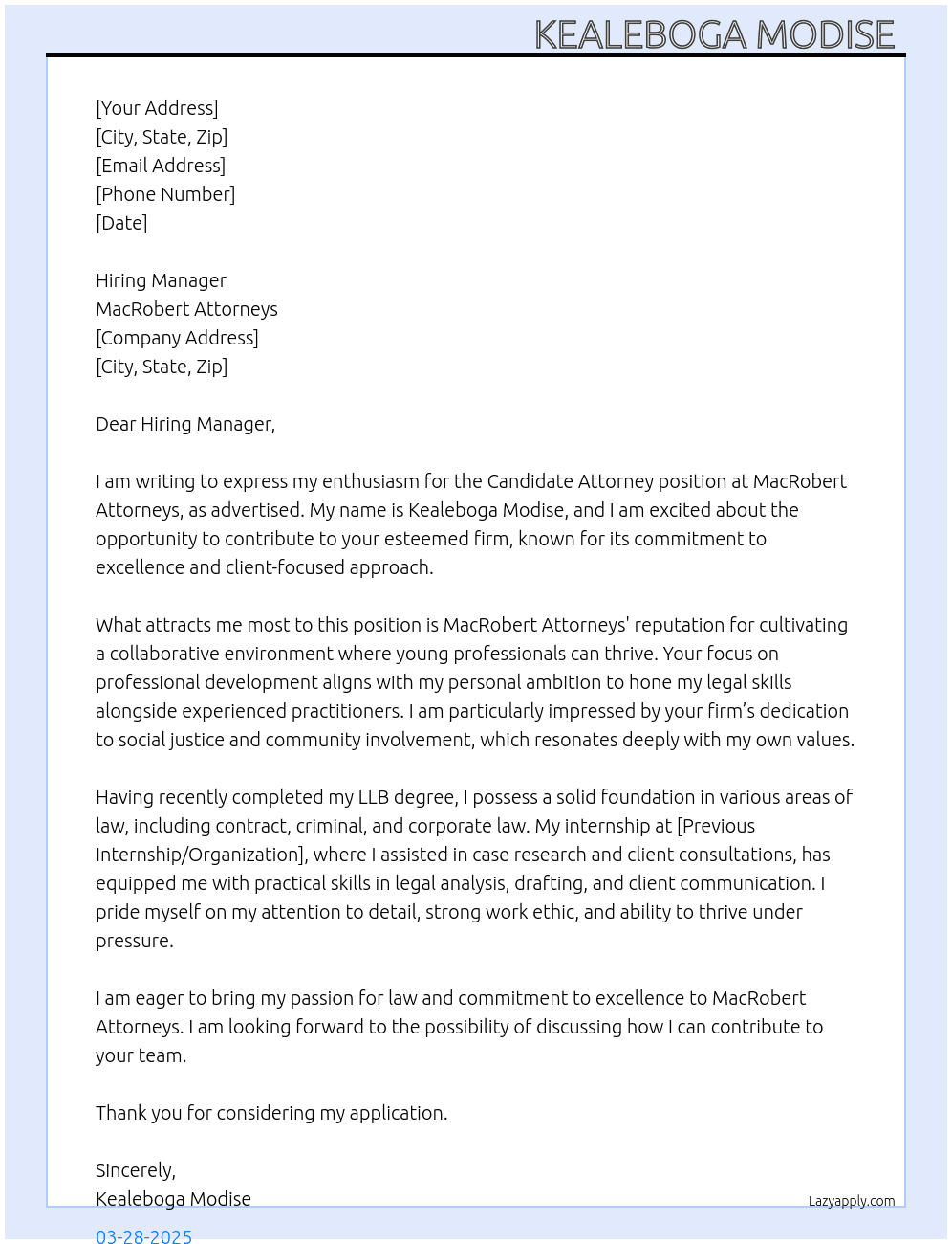 Candidate attorney  At MacRobert Attorneys  Cover Letter